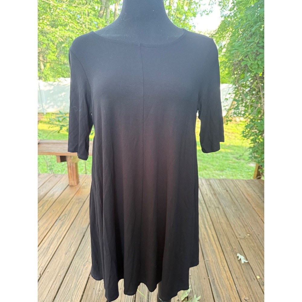 Eileen Fisher Black Viscose Jersey Knit Elbow Sleeve Swing Dress Small S/P
